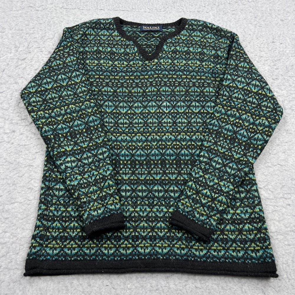 Waliki Sweater Women's Medium? Green 100% Alpaca Geometric Knit Pullover Bolivia